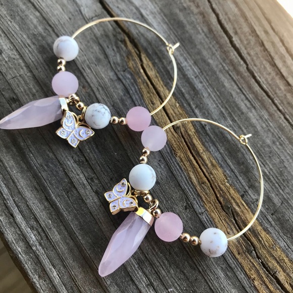 Rose Quartz White Turquoise Butterfly Hoop Earring - Picture 3 of 6